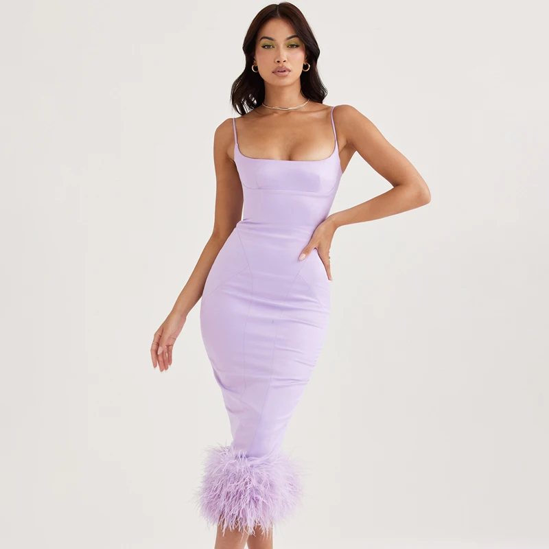 Factory Wholesale Woman's Stretch Knit Pink Spaghetti Strap Feather Sexy Evening Celebrity Cocktail Party Bandage Dress