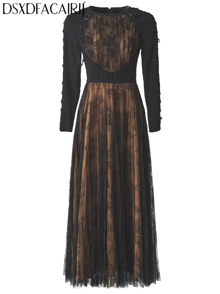DSFACAIRIJ Women's Solid O-Neck Long Sleeves Lace Patchwork Draw String Spring Summer Vintage Elegant Dresses