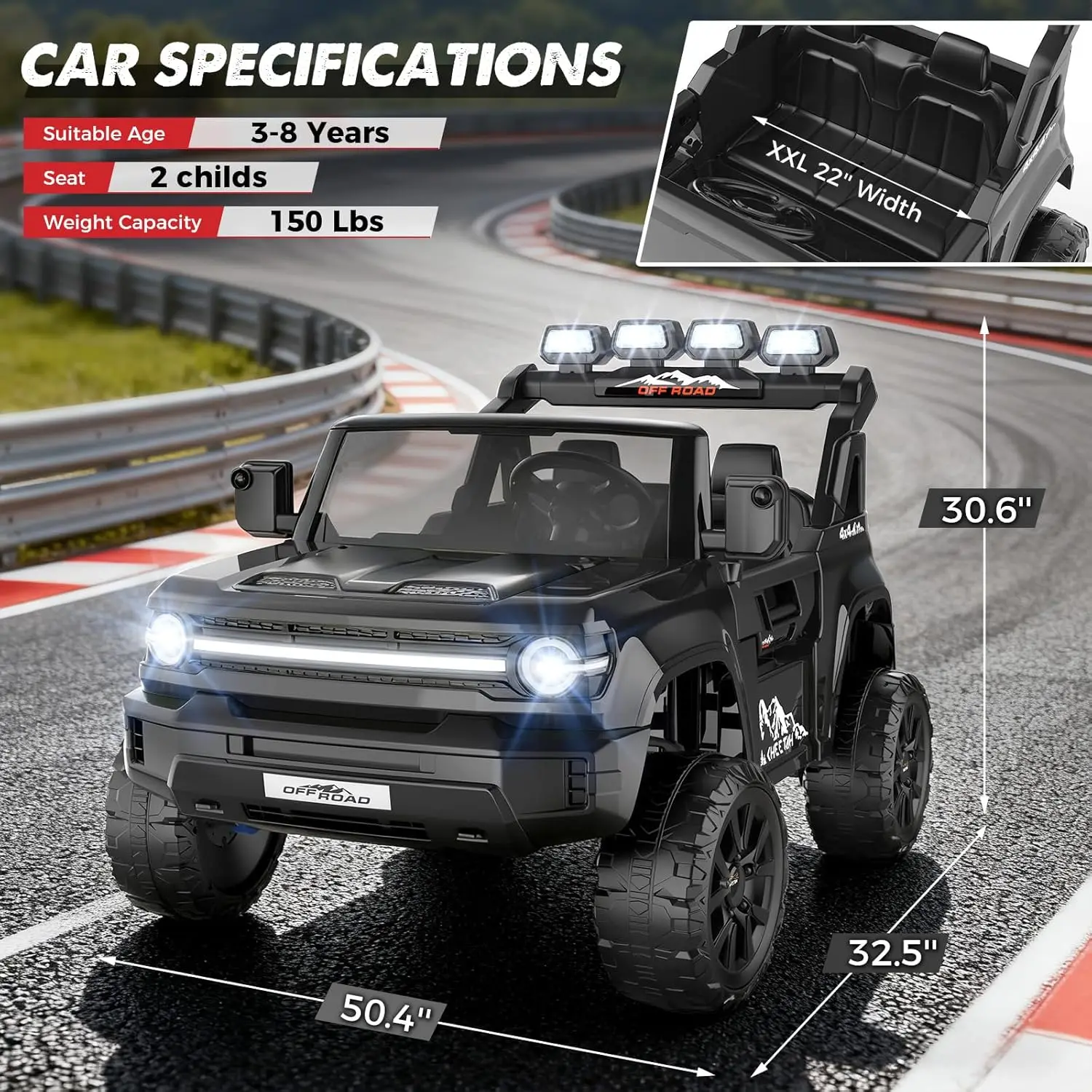 24V elektrische auto voor kinderen 2-zits rit op vrachtwagen met 4x4 krachtige wielen, afstandsbediening, 21" ruime en 4WD/2WD schakelbaar