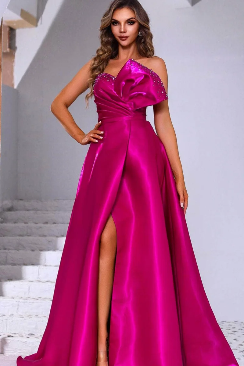 Jessica Hot Pink Evening Dresses Handmade Glitter Beads Prom Dresses Off-the-shoulder satin A-line With Side Slits Customized
