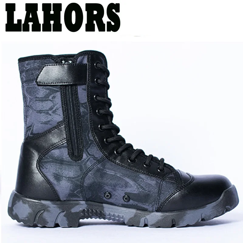 LAHORS Men Tactical Boots Lace Up Waterproof Outdoor Botas Breathable Canvas Camouflage Tactical Combat Desert Ankle Shoes