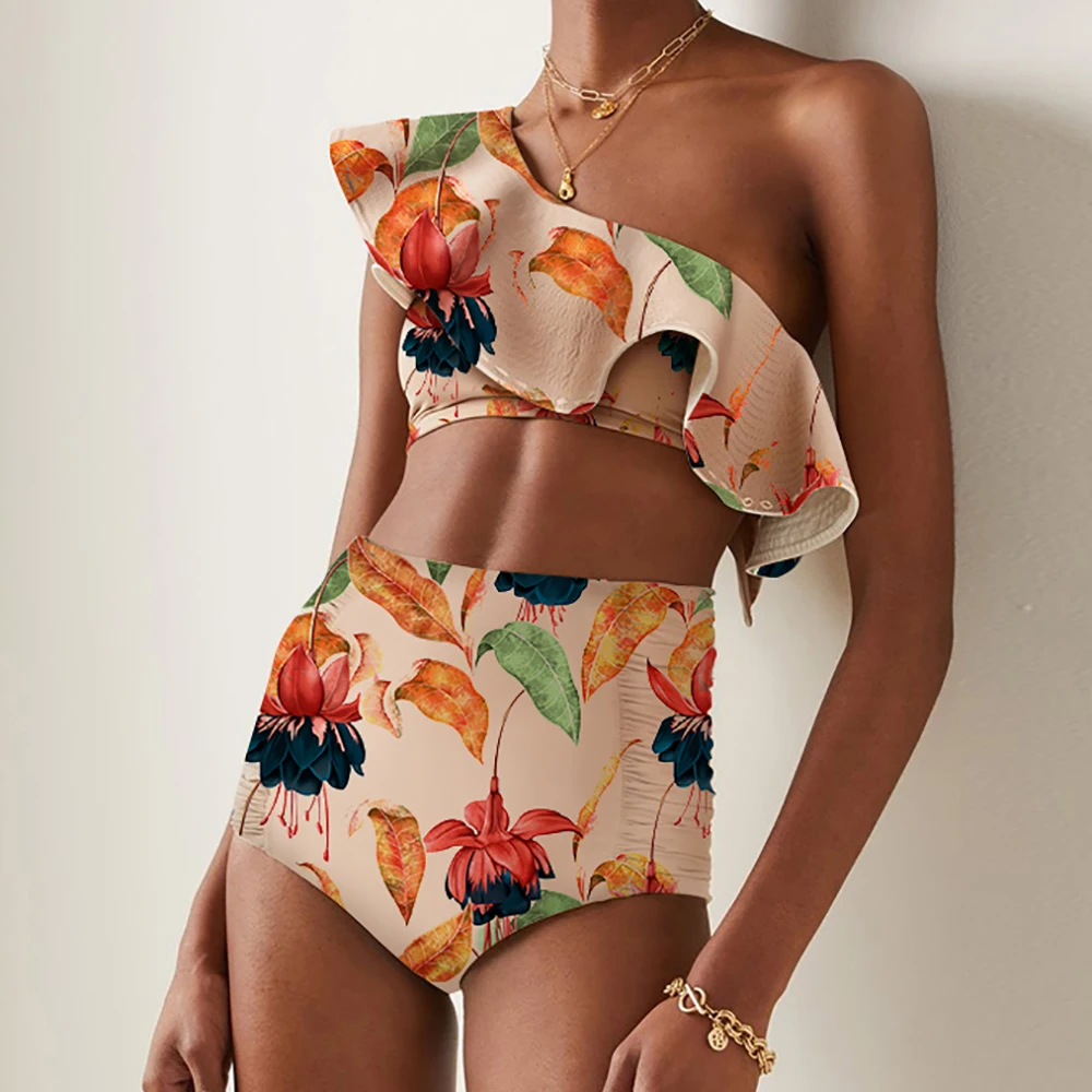 

Fashion Print Two Piece Swimsuits the Shoulder Swimwear High Waist Bathing Suits Summer Beachwear Triangle Bikinis Backless Slim