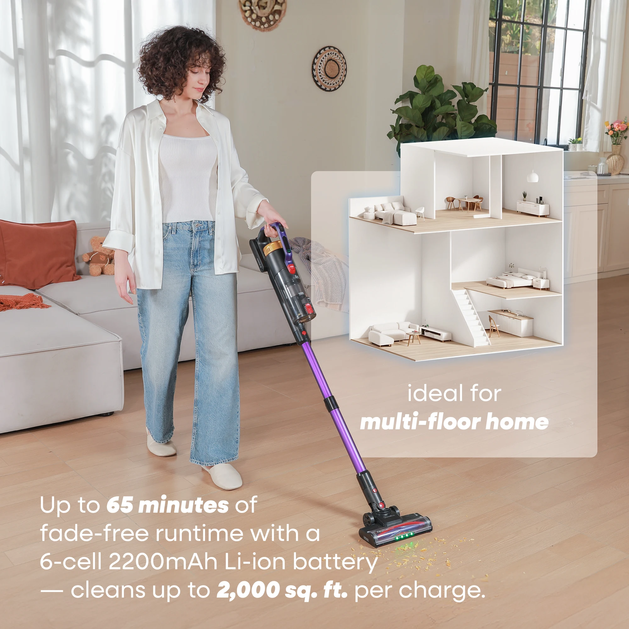 Refurbished UNINELL HOME By Erabros UV2 Cordless Vacuum Cleaner, 48KPa 550W Vertical Vacuum Cleaners for Home, Lightweight Stick Vacuum with 65Mins Runtime, Self-Standing, Anti-Tangle Handle Vacuum for Pet Hair (Refurbished) view 2