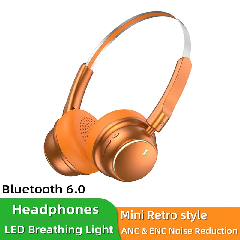 

Mini Retro Bluetooth Headphones ENC Call/ANC Noise Cancellation, LED Breathing Light Wireless Earphones, HiFi stereo Mic Headset