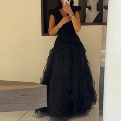 Luxury Evening Dress Black Ruffle Tulle Deep V Neck Elegant Party Gown for Woman Sleeveless A Line Special Occasion Gowns Long