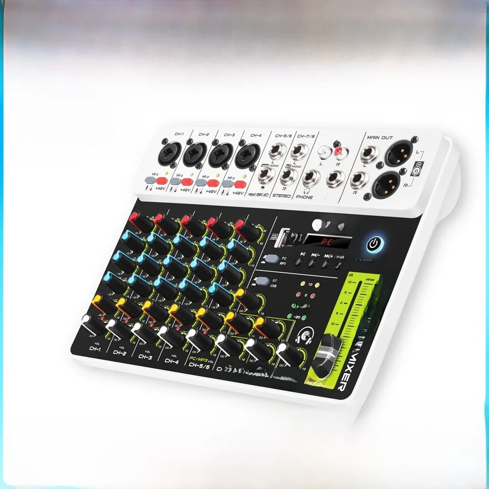 Console de mixage audio Debra V8 8 canaux avec Bluetooth, USB, alimentation fantôme 48V, effet de répétition de delay pour enregistrement PC