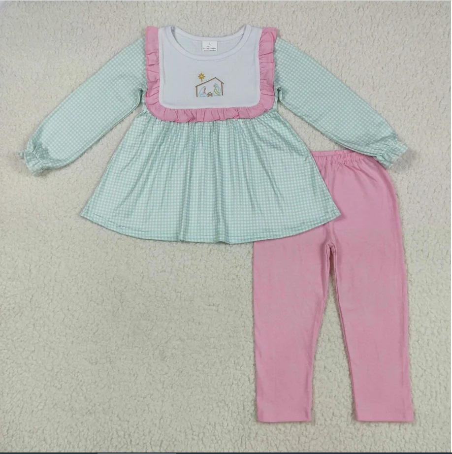 

Winter Girls GLP2410 Nativity Embroidery Plaid Tunic Top Pink Pants Girls Christmas Clothes Set