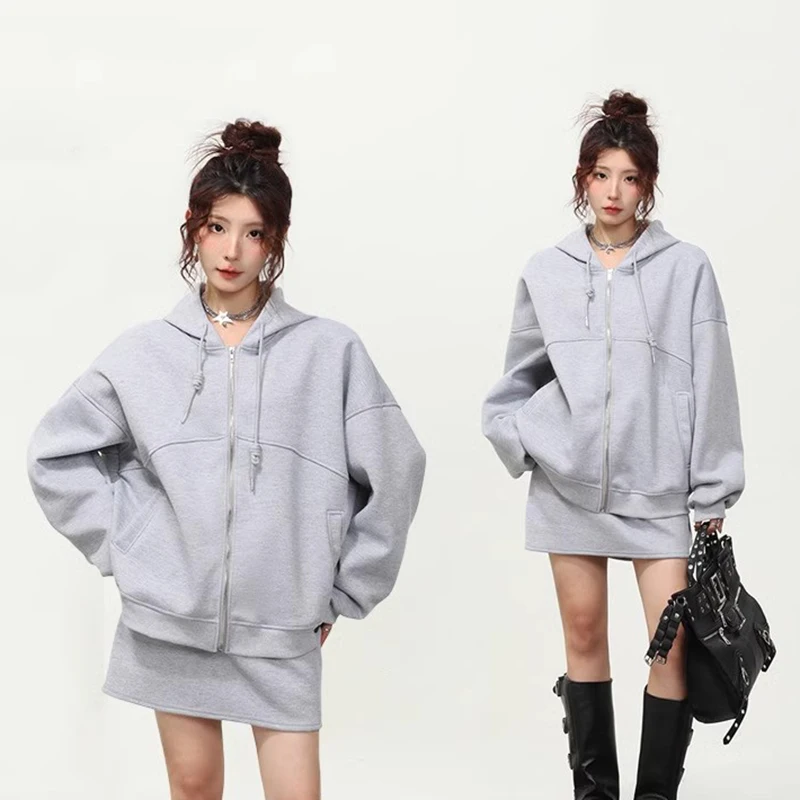

American Retro Sports Leisure Hooded Jacket Women's Spring and Autumn New Lazy Style Half Skirt Fashion Two-piece Set