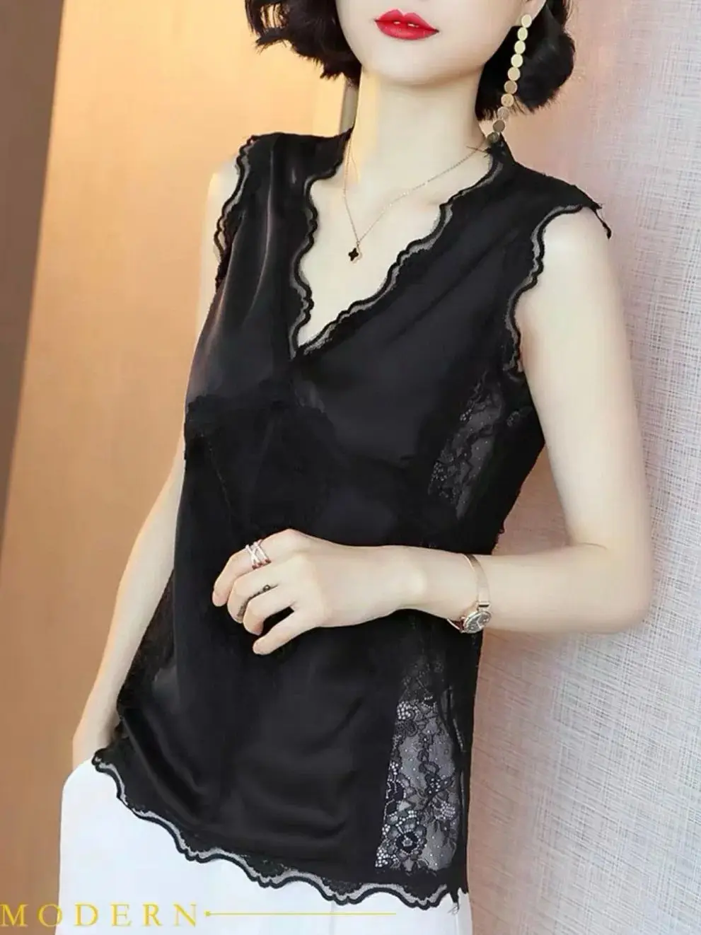 

Elegant solid color basic style women's lace trimmed 100% silk blouse