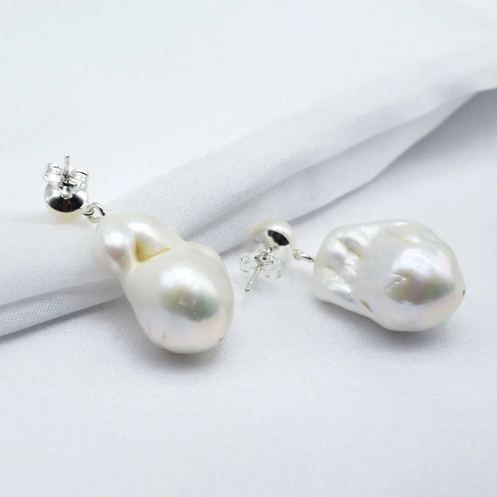 Baroque Pearl Earrings Large Drop Shape White Natural Freshwater Pearl Pendant 925 Sterling Silver Women\'s Earrings