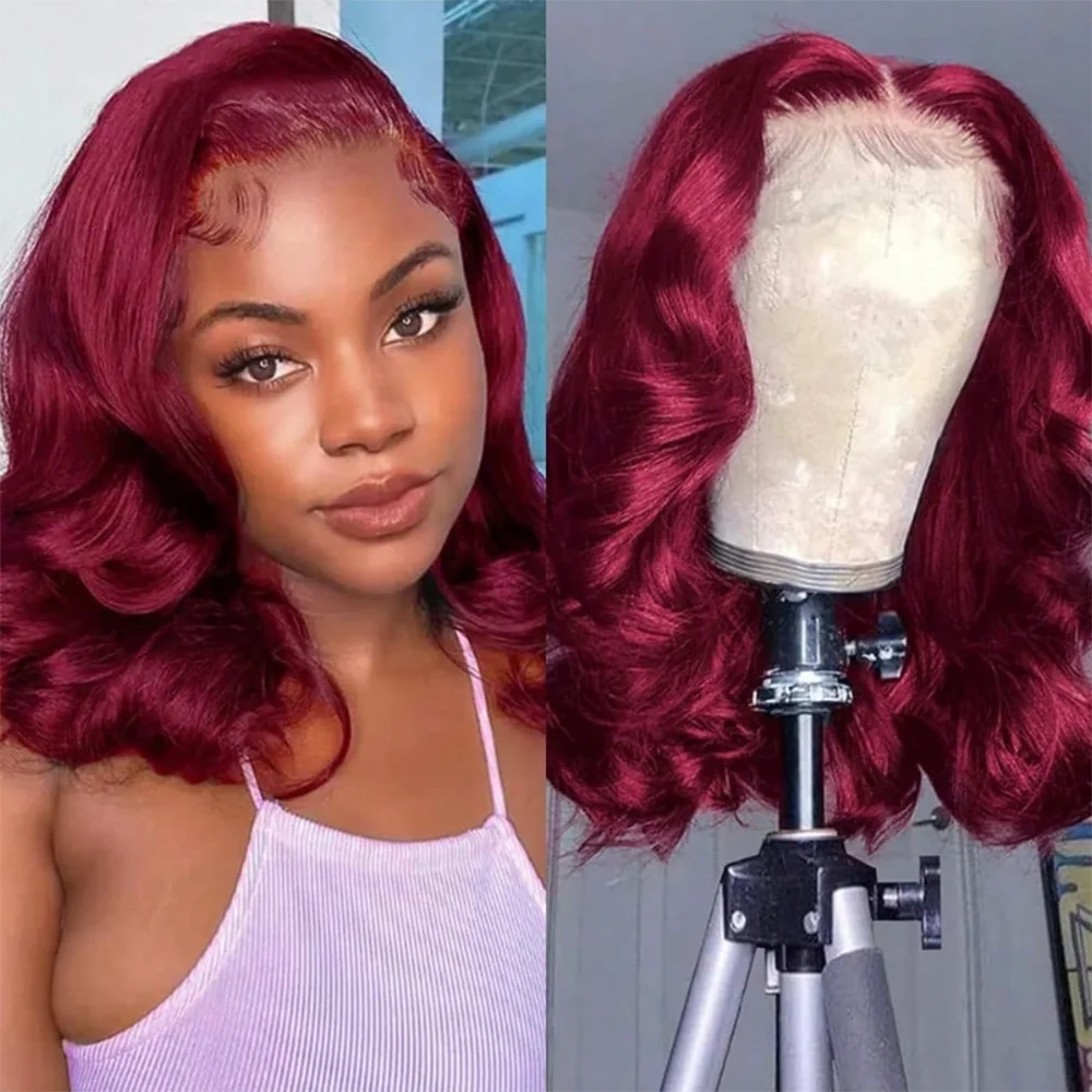 

Burgundy Wig Human Hair 200% Density 13x4 99J Body Wave Lace Front Wigs Human Hair Pre Plucked Short Wigs Human Hair Loose Wavy
