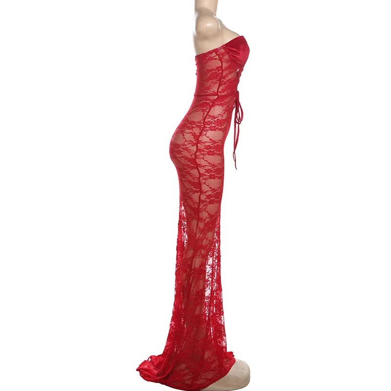 SKMY Solid Color Women Clothing 2025 Jesień Zima Nowa Siatkowa Sukienka Wieczorowa Seksowne Koronkowe Wydrążone Długie Sukienki Bez Ramiączek