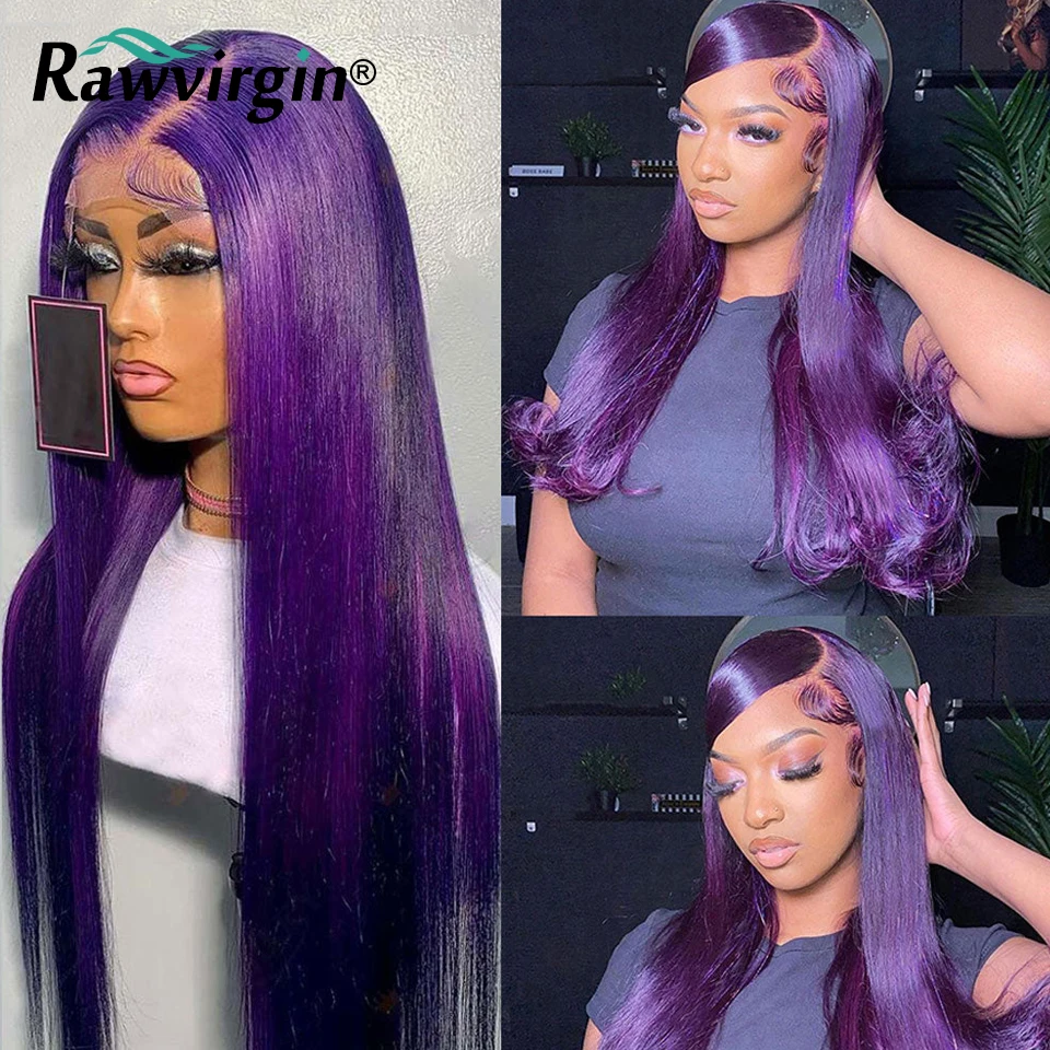 

Purple Colored Transparent Lace Frontal Wig Human Hair Wig 150% 13x4 Lace Frontal Wigs With Baby Hair Cosplay 30 Inch Straight