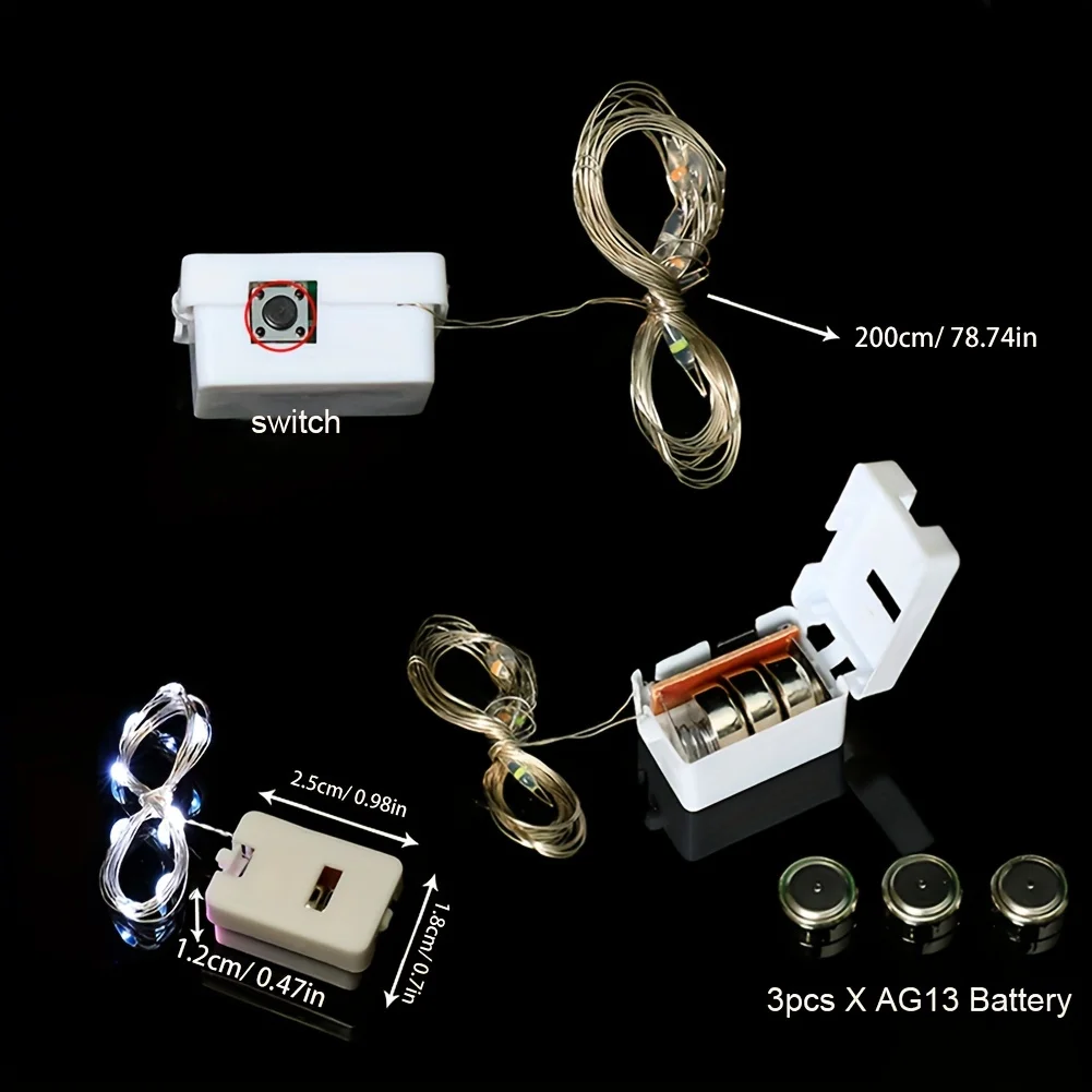 12pcs LED Fairy Light, 3 Lighting Modes, Silvery Wire Fairy Lights, Button Battery Powered, String Lights for DIY Decoration