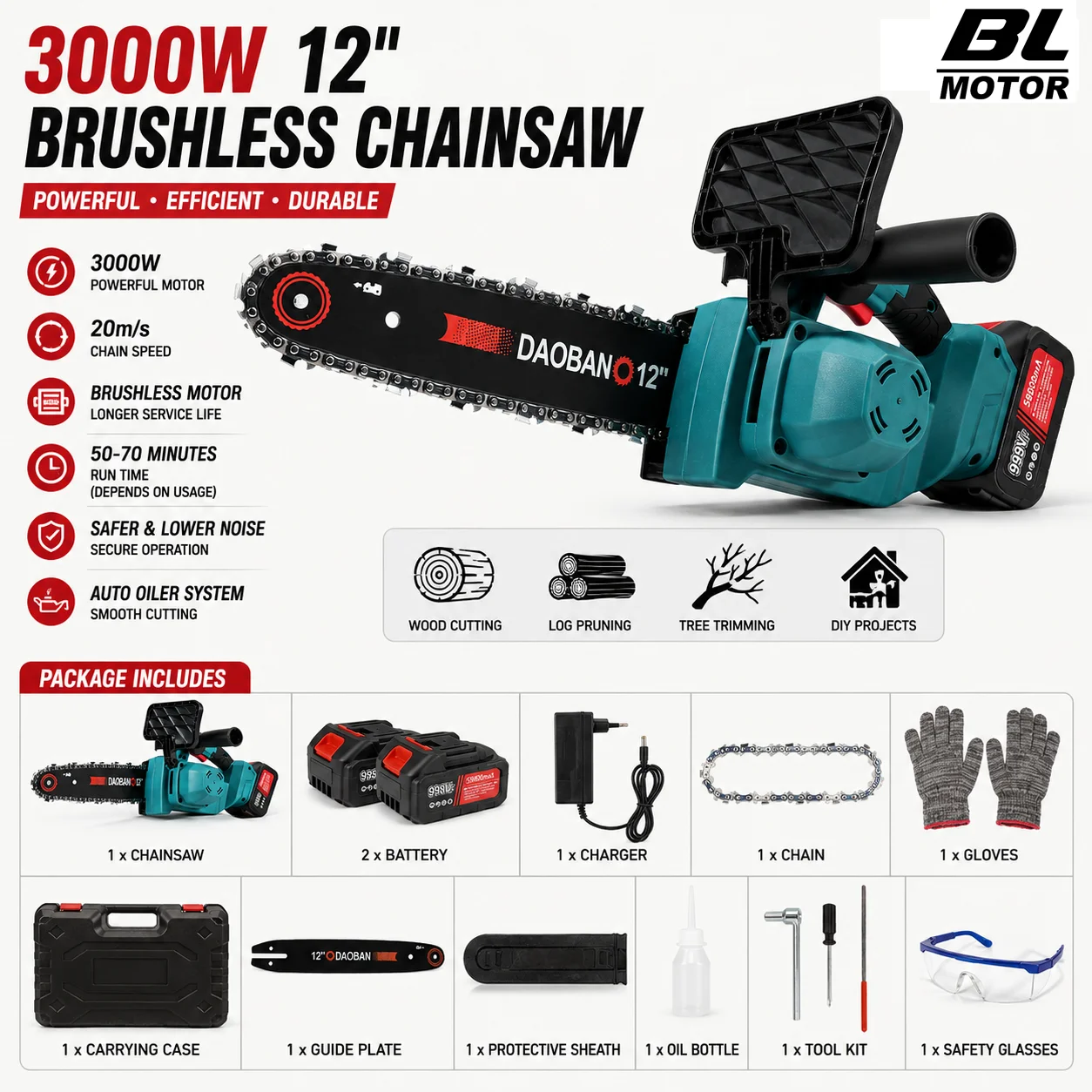 3000W Akku-Bürstenlose Kettensäge 12 Zoll Elektrische Kettensäge Holzschneider Gartenwerkzeug Kompatibel mit Makita 18V Akku