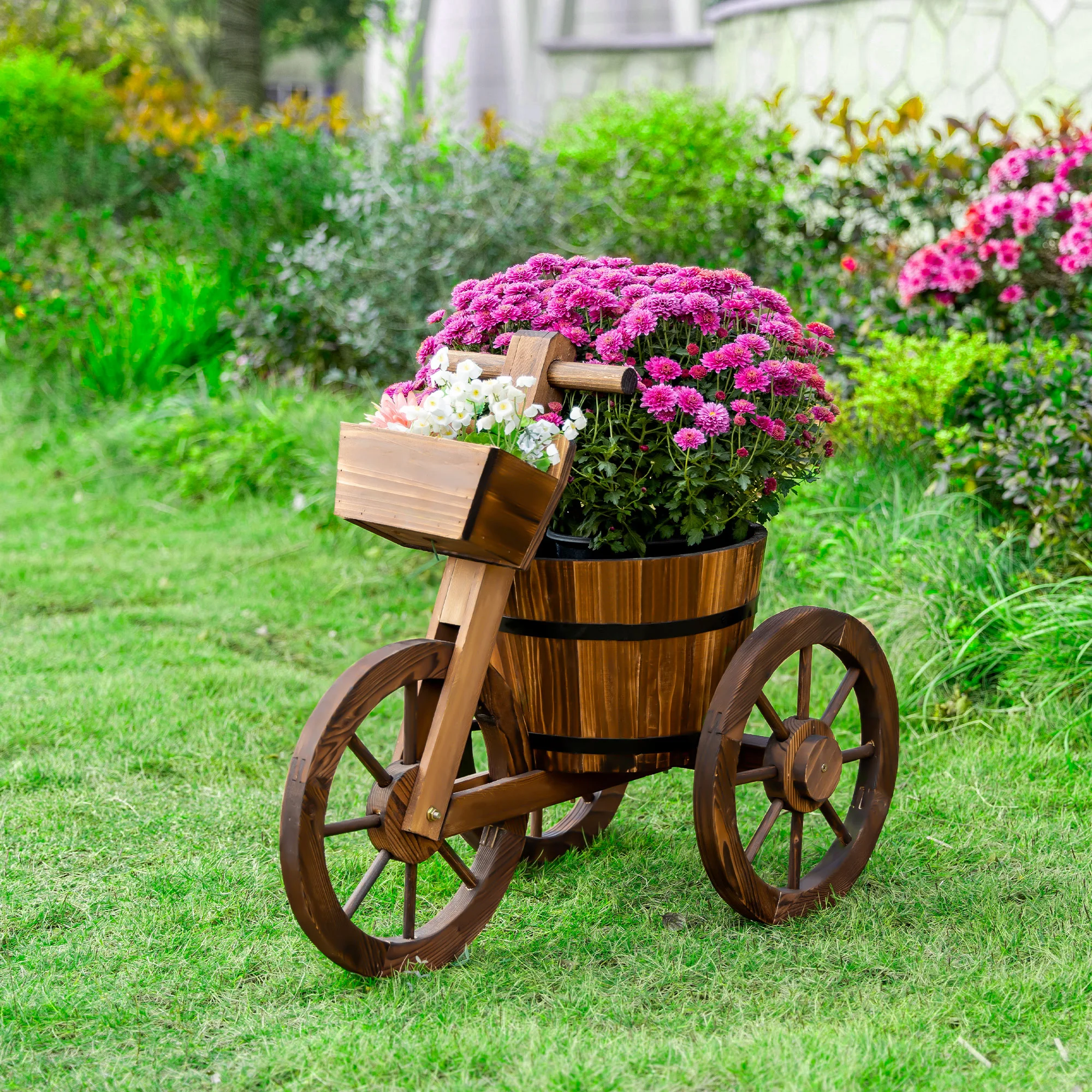 Chariot de jardin vintage en bois carbonisé avec double bac à fleurs, support de plantes rustique autoportant, accessoire de jardinage, porte-fleurs en bois imperméable pour la décoration de jardin, pelouse et patio