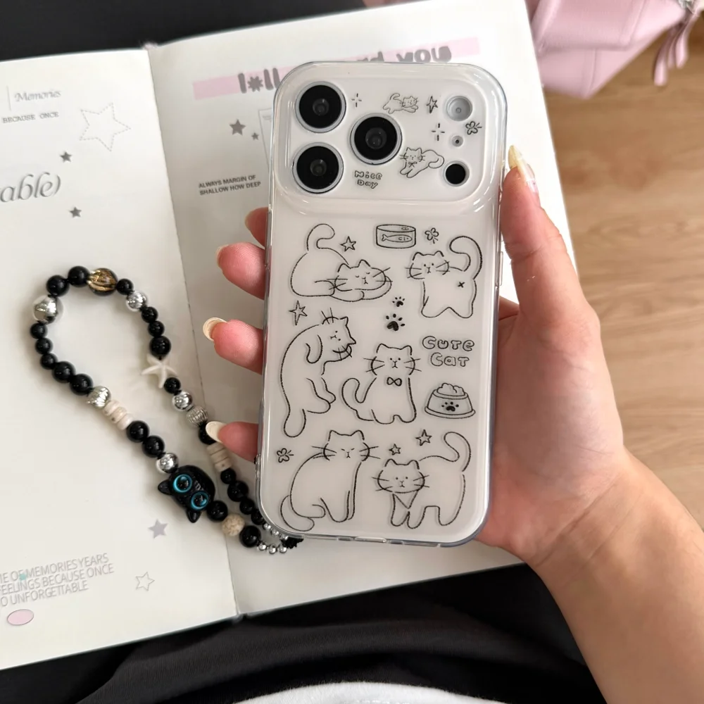 

New Korean Ins Cute Line Art Cat Phone Case For iphone 17Pro 17 Pro Max 16 Max 15 Pro Shockproof Full Cover Lens Protective Case