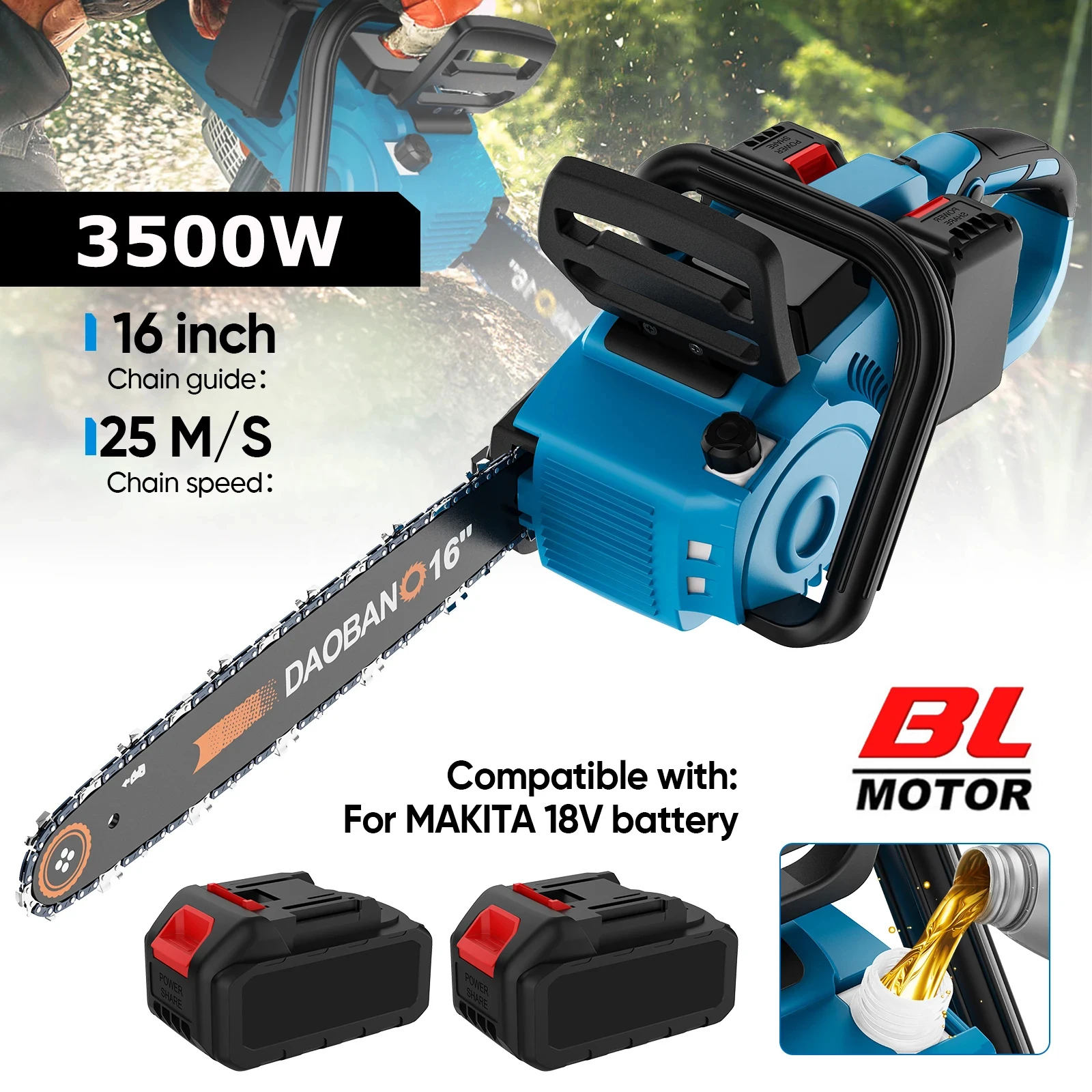 3500W Bürstenlose 16-Zoll Elektrische Kettensäge Kabelloses Gartengerät für Holzarbeiten Handgehaltener Gartenschneider für Makita-Akku