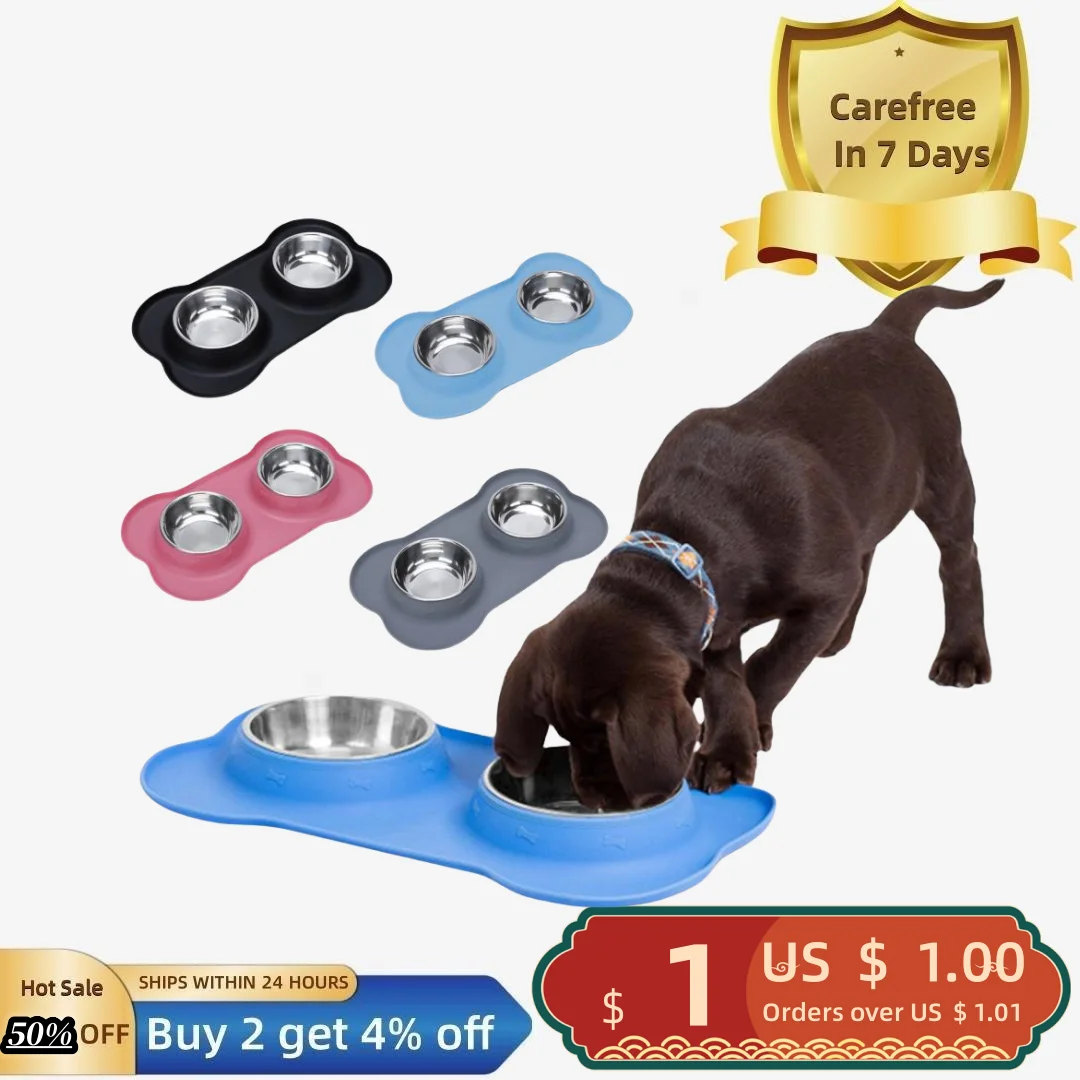 

Pet Bowl Convenient Spill-proof Dog Double Bowl Silicone Mat Easy to Clean Cat Food Water Bowl Pet Supply