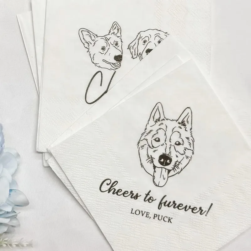 50pcs Customized Pet Wedding Napkins,Personalized Cocktail Pet Napkins, Illustrated Dog Napkins,Pet Portrait Cocktail Napkins