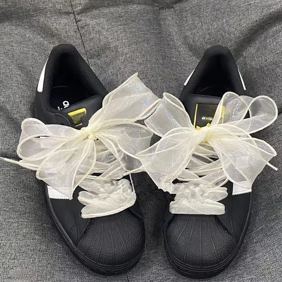 Lacets Lumineux en Fil de Queue de Poisson de 4cm de Large, Chaussures en Mousseline de Soie avec Nministériels d Papillon, de dehors, d'Entraînement, en Cuir Blanc, de Loisirs, Décontractées