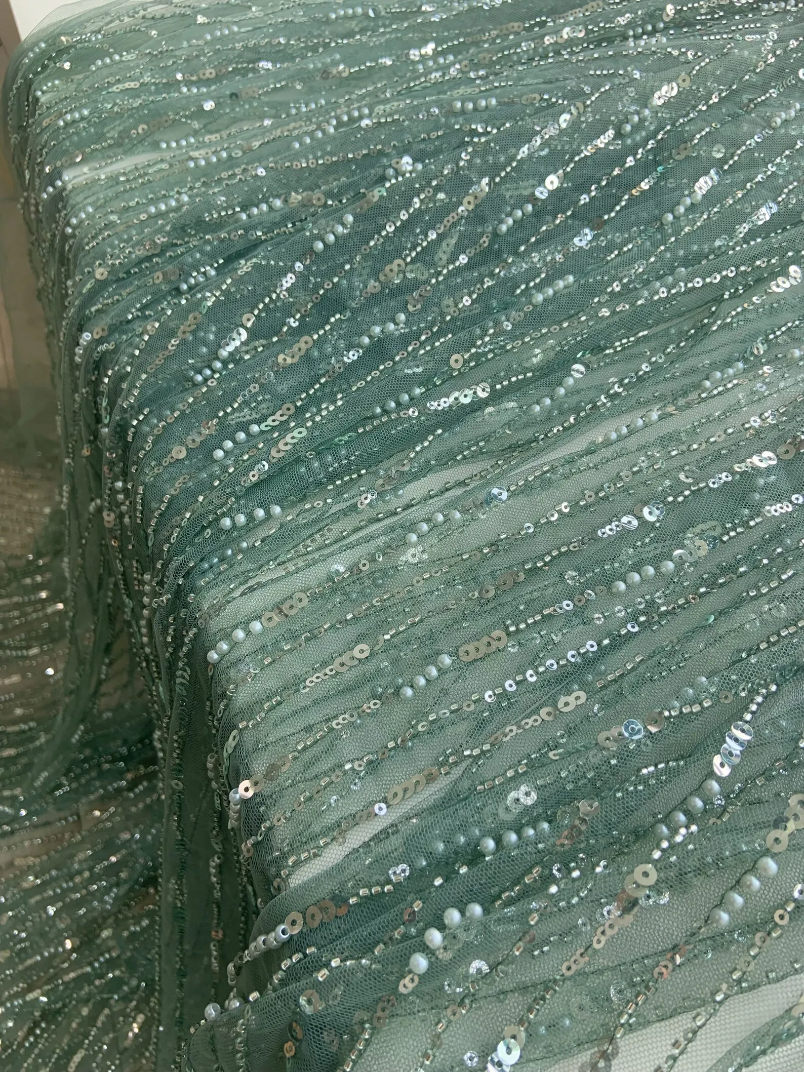 High Quality Heavy Dark Green Bead Lace Fabric For Nigerian Wedding Dress