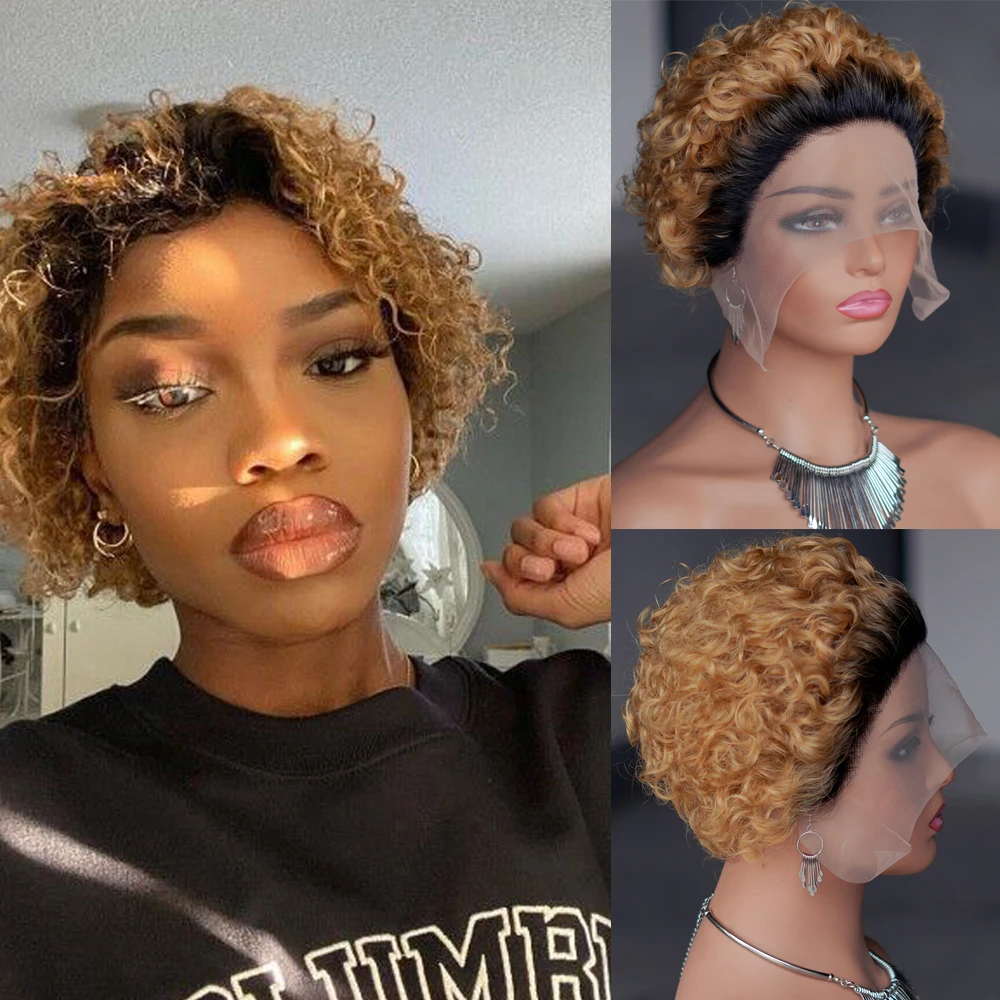 Lockig braun schwarz 13x1 spitze menschliches haar perücke remy kurze lockige pixie cut vor gezupfte spitze frontal haar für frauen afro natürliche