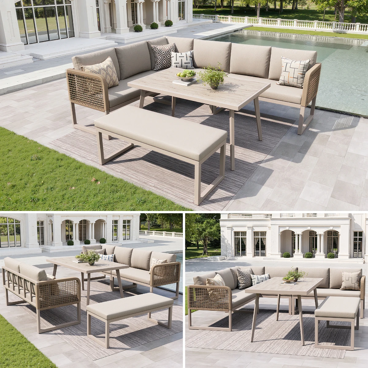 Ensemble de meubles de jardin avec coussins de siège et de dossier de haute qualité, sièges de salon de jardin pour 6 à 8 personnes, ensemble de meubles en rotin PE tressé à la main, résistant aux intempéries, ensemble de canapés de terrasse beige
