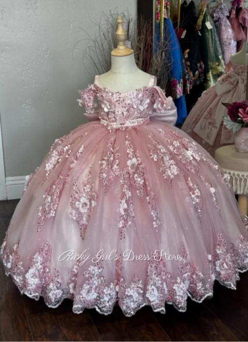Princess Flower Girl Dress For Wedding Lace Applique Pink With Bow Kids Birthday Party First Communion Ball Gowns Customized