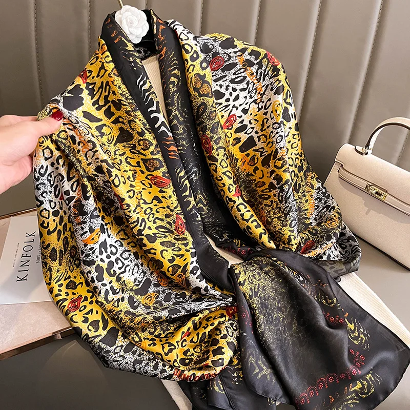 Mode Druck Große Schal Wraps Seide Schal Frauen Luxus Marke Satin Stirnband Hijab Bandana Turban Foulard Sommer Strand Stolen – Detail 5