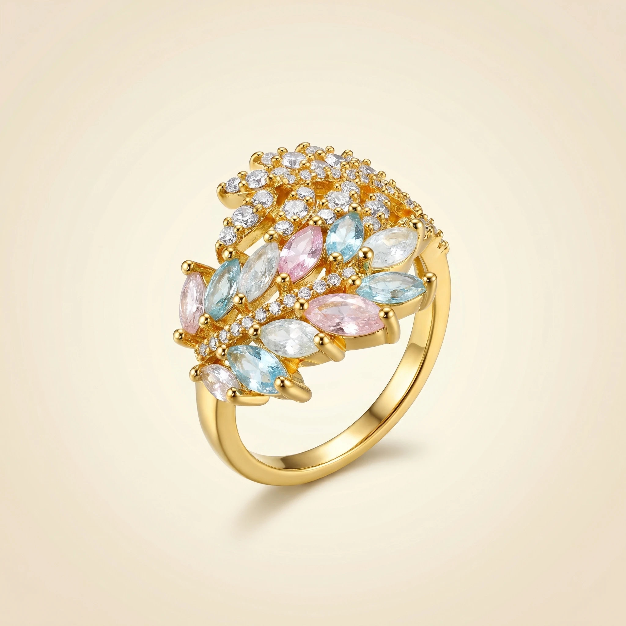 YLMyself Leaf Ring Marquise Cut CZ Pink Blue Gold Color Candy Pastel Floral Swirl Women Statement Cocktail Jewelry