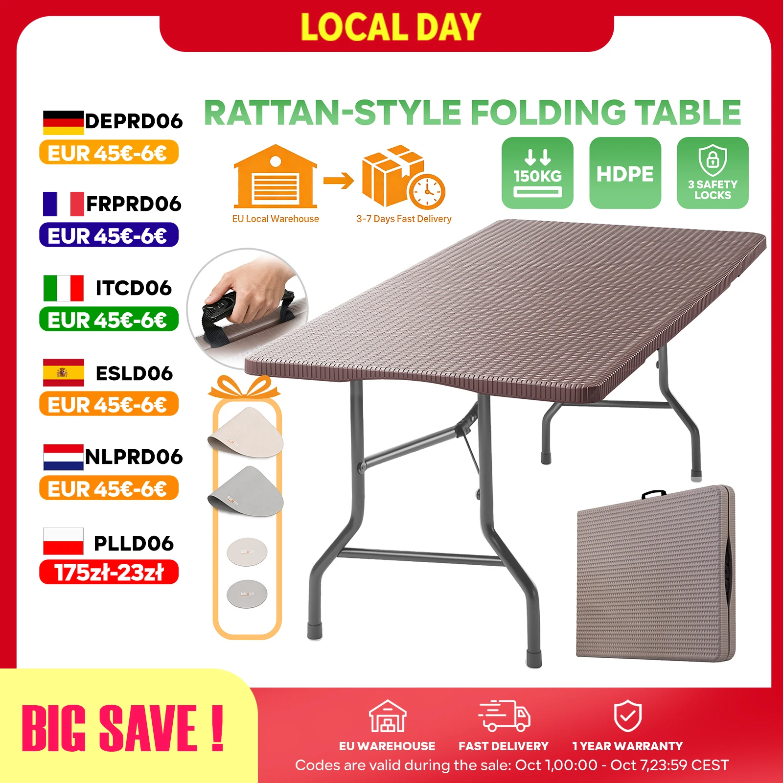 180x70cm Koffertisch Klapptisch Rattanoptik Faltbar Campingtisch für 8 Personen 150kg Stabil Gartentisch Outdoor Partytisch Braun