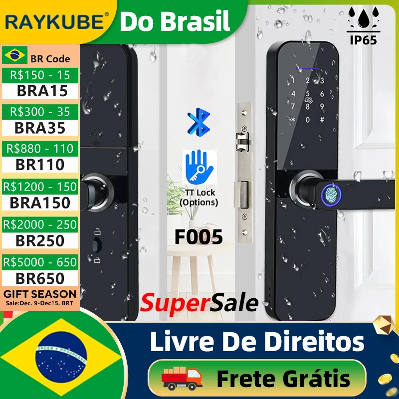 Do Brasil RAYKUBE F005 IP65 Waterproof TT Lock Bluetooth Electronic Smart Door Lock With Fingerprint/Card/Password/APP Unlock