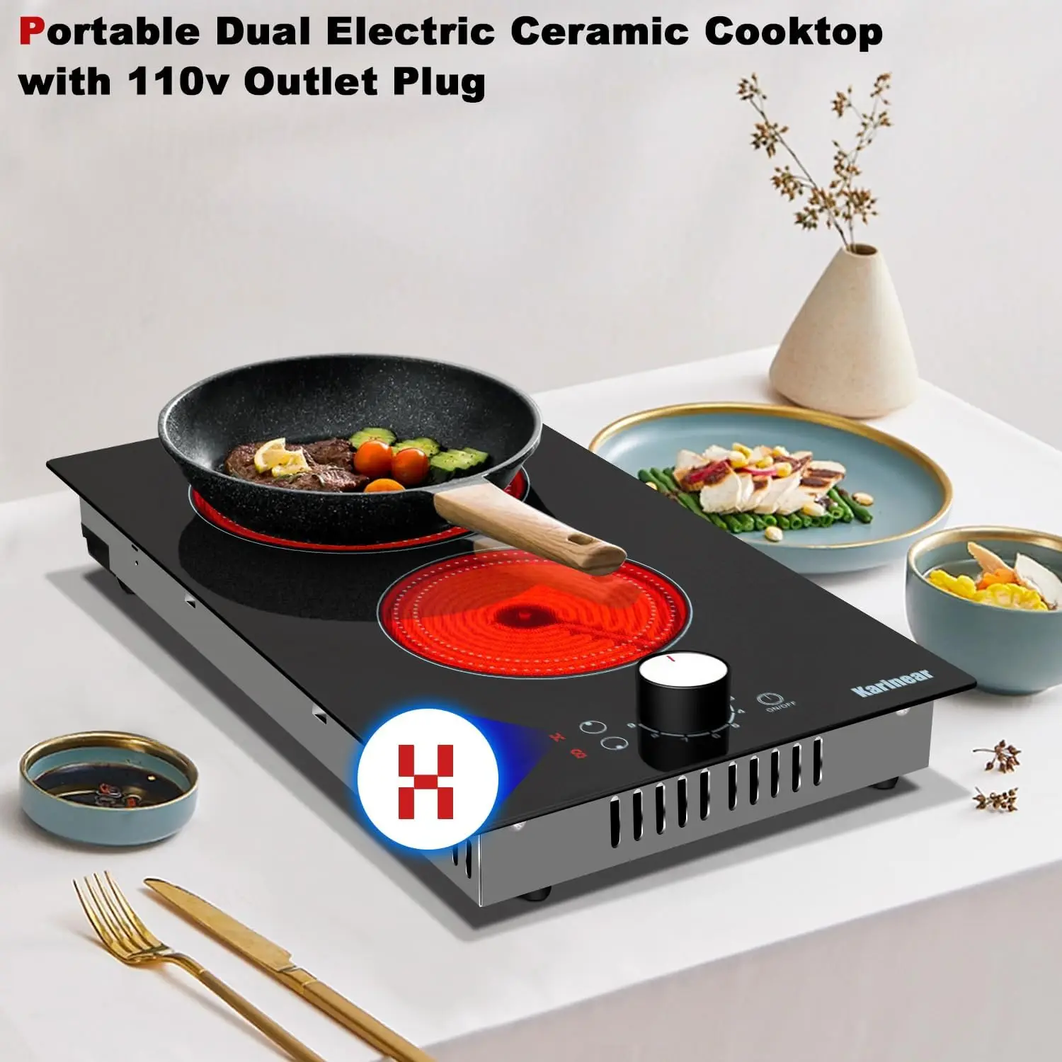 Karinear 2 Burner Electric Cooktop 110v, 12 Inch Portable Electric Stove Top with Knob Control, Outlet Plug, Countertop/Built