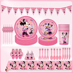 Minnie Thema Minnie Mouse Roze Verjaardagsfeestje Decoratie Vlag Wegwerp Servies Dinerbord Scoop Vorken Set Benodigdheden