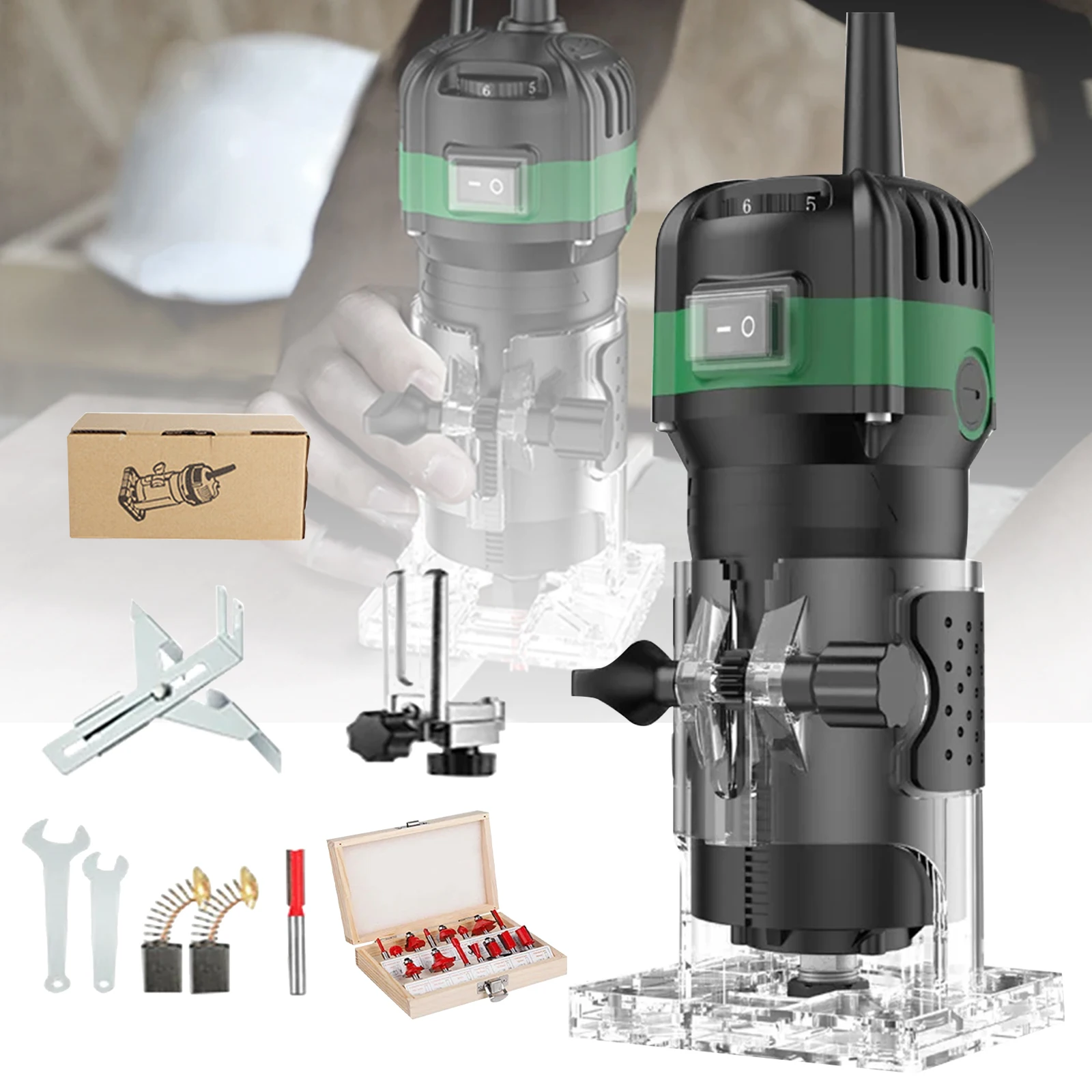 Troncatrice per legno 800W, 6 velocità, 33000 giri/min, macchina elettrica per incisione e scanalatura del legno, con mandrino da 6,35 mm, corpo in nylon e alluminio, sistema di raffreddamento