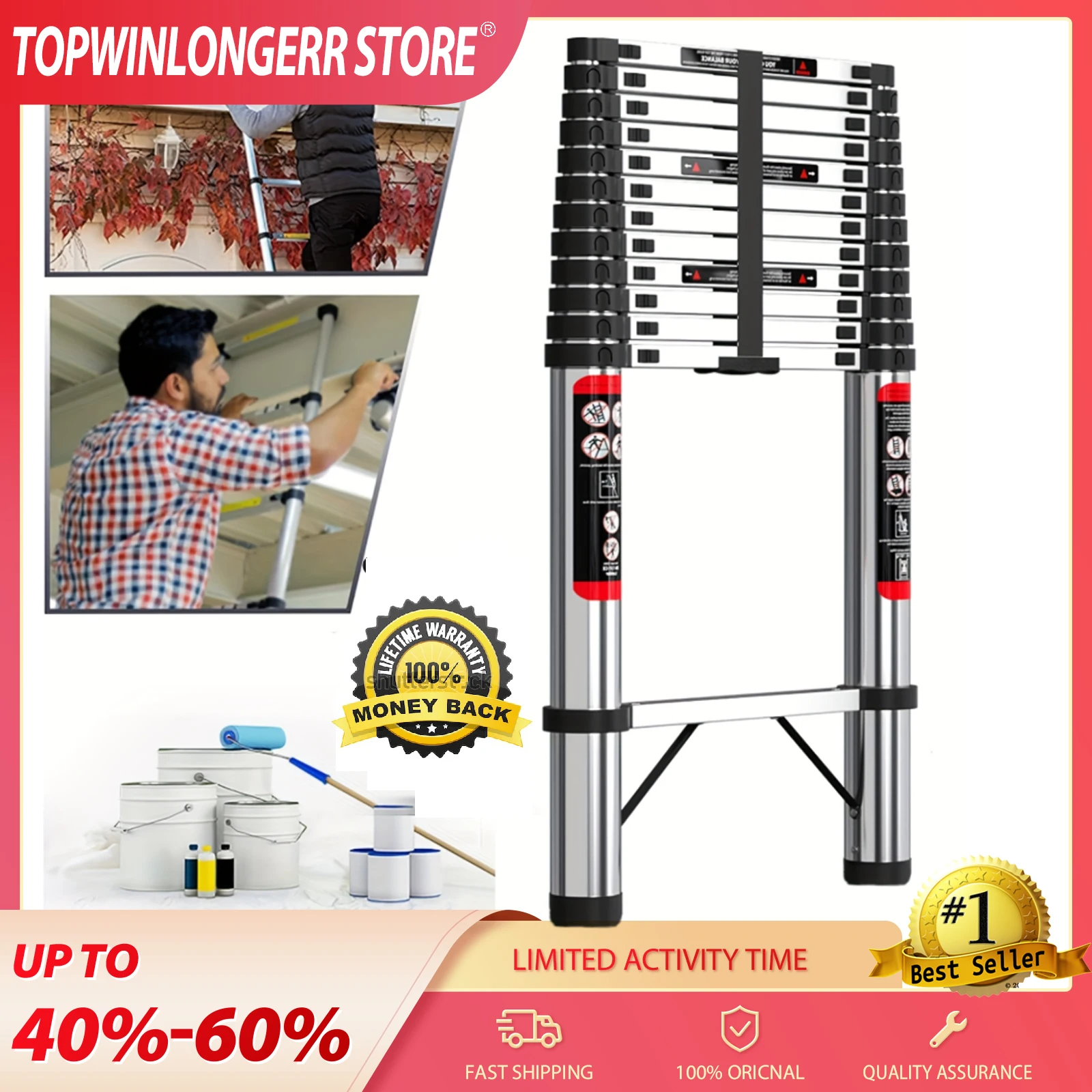 Telescopische vouwladders van roestvrij staal, 12,5FT (3,8M), voor thuis of kantoor, schoonmaak, onderhoud, decoratie