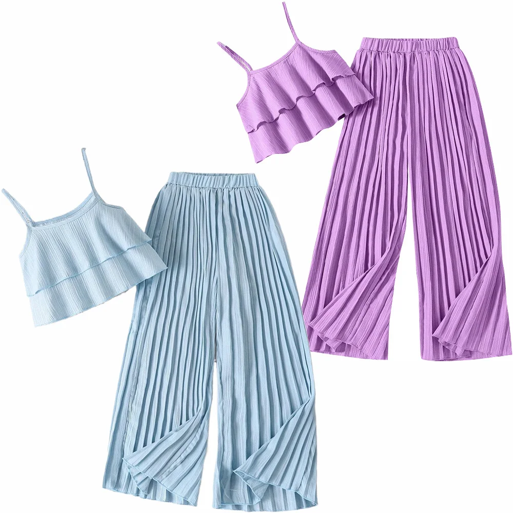 

Летний комплект одежды из двух предметов в стиле бохо для девочек, топ на бретельках с рюшами, струящиеся широкие брюки, элегантный пляжный наряд для отдыха, детская одежда для детей