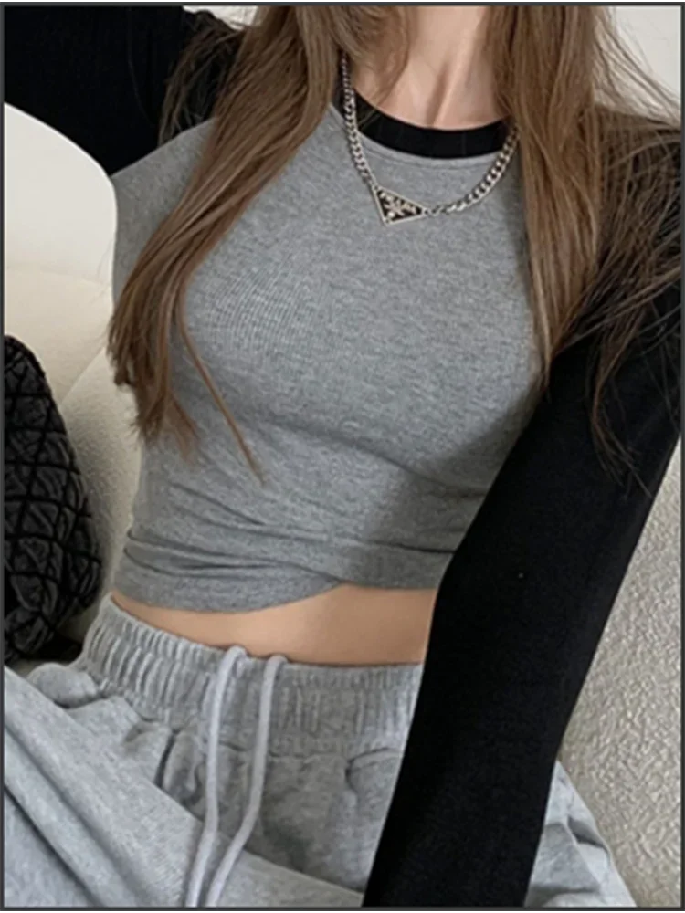 Color Blocked Raglan Sleeve Top Round Neck Long Sleeved Slim T-shirt Damski Casual Sports Autumn Y2K Pullover — zdjęcie 2