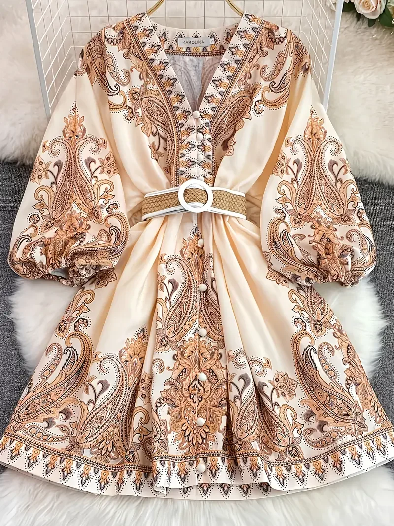 보헤미안 여성 드레스 - 빈티지 V넥 러플 플로럴 프린트 벨트, 랜턴 소매 버튼 다운 캐주얼 숏 여름 원피스