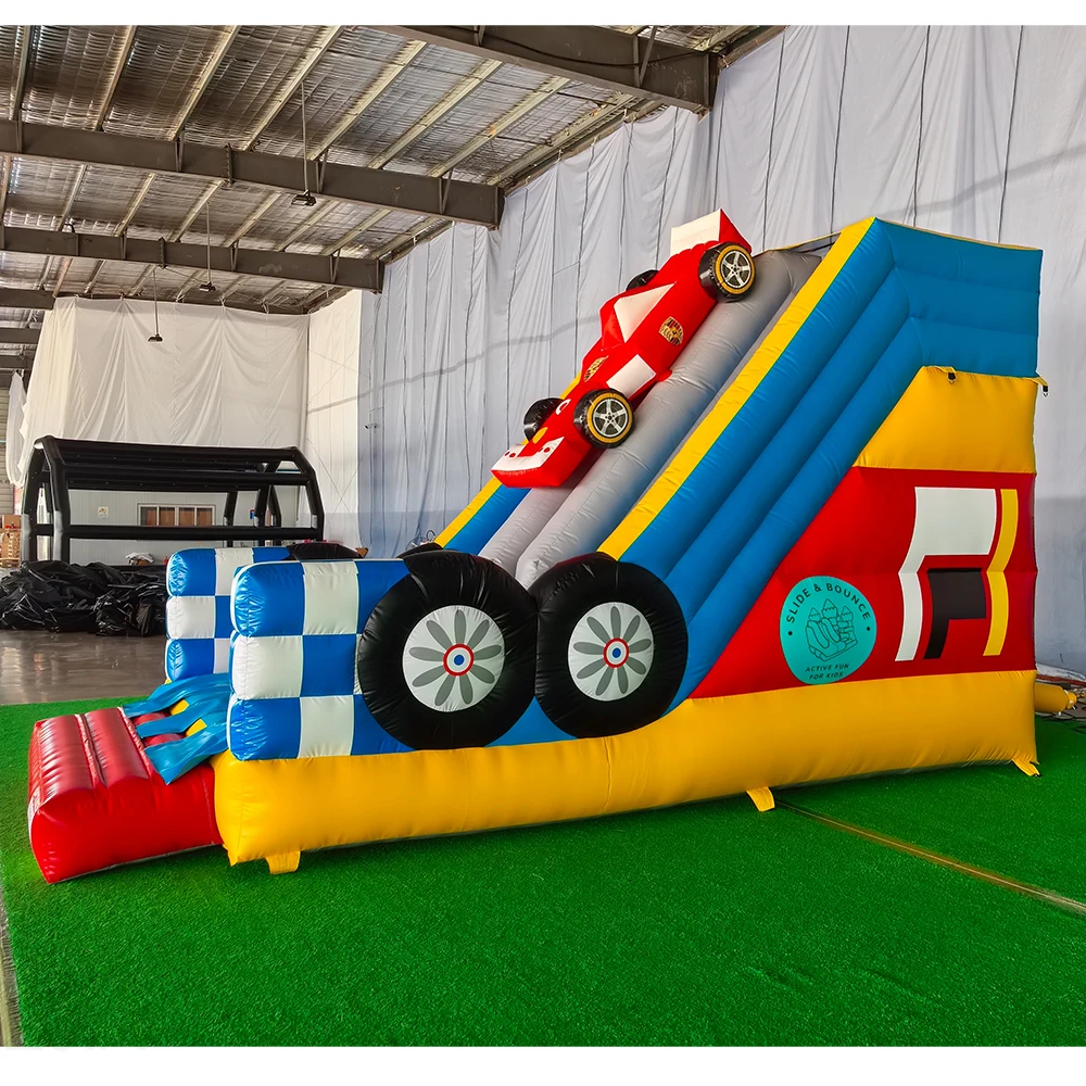 Double-Lane Car Theme PVC Grade Inflatable Bouncer Water Slide With Blower Jummping Bounce Slide For Outdoor Kids Entertainment