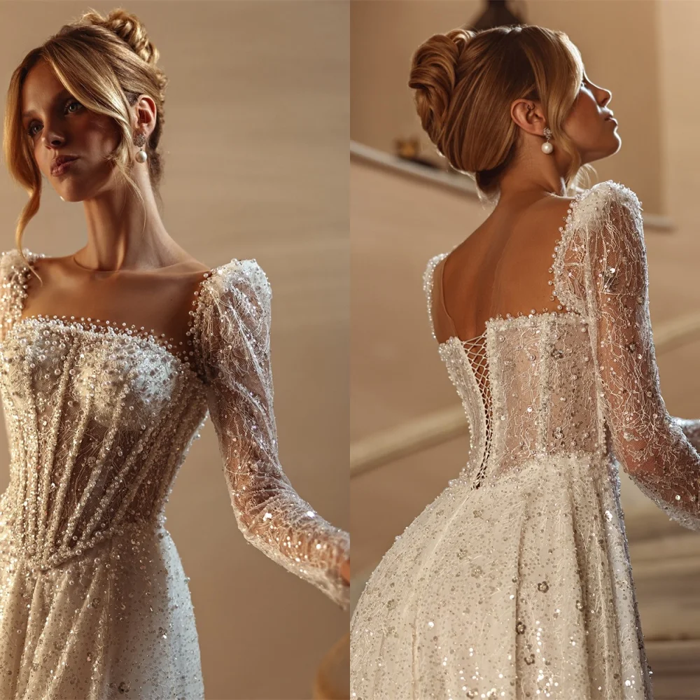 Aangepaste elegante witte organza trouwjurk prachtige vierkante kraag lange mouwen kapel trein parels lovertjes bruidsjurken