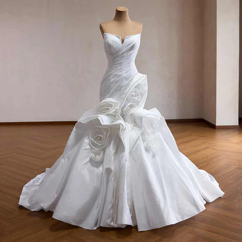 

Modern Mermaid Wedding Bridal Dress Sweetheart Off The Shoulder Lace-Up Back Ruched 3D Flower Vestidos De Novia