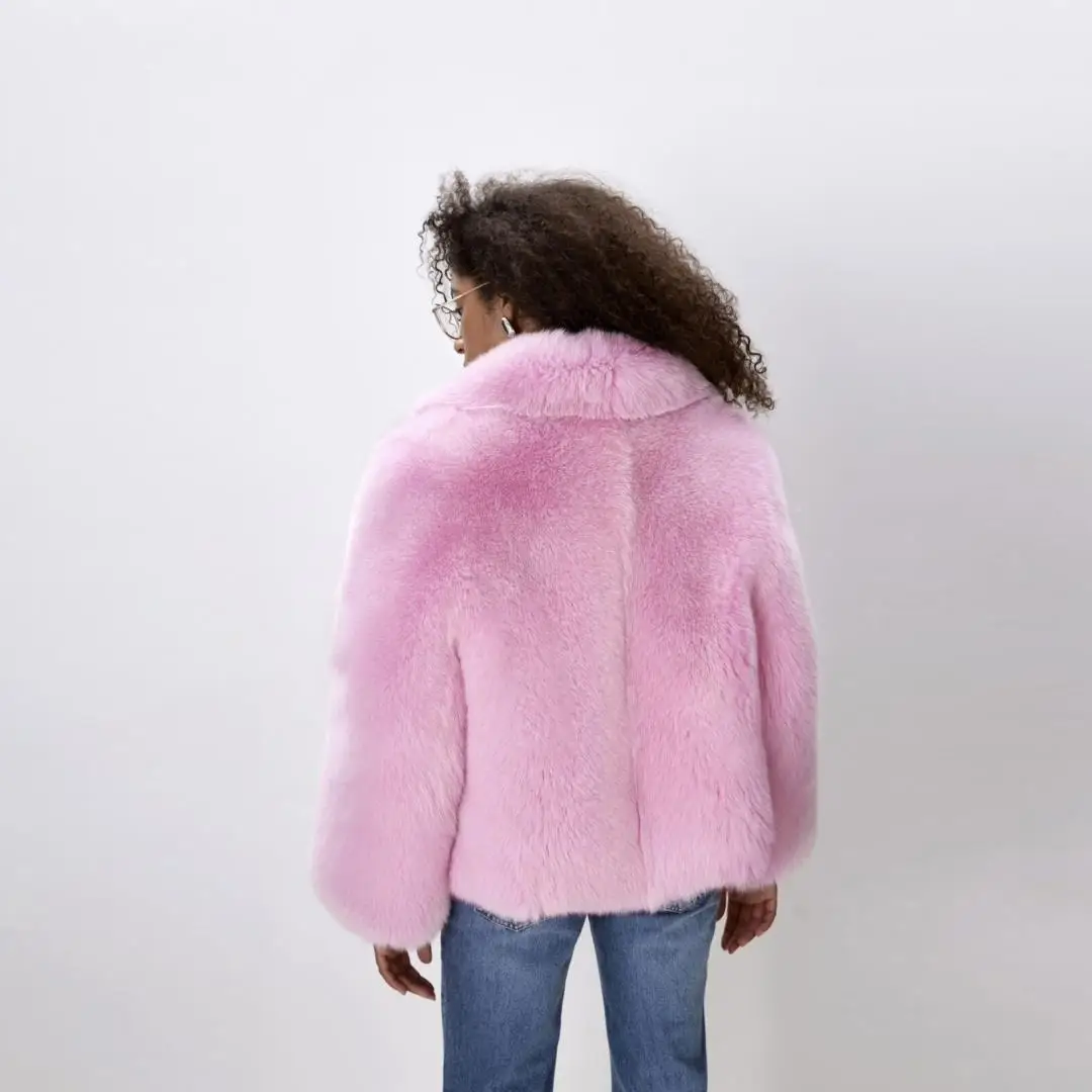 Light Pink Natural Fox Fur Jacket with Turn-down Collar Higt Street Woman Genuine Fox Fur Coat Wholeskin Fur Overcoats Luxury