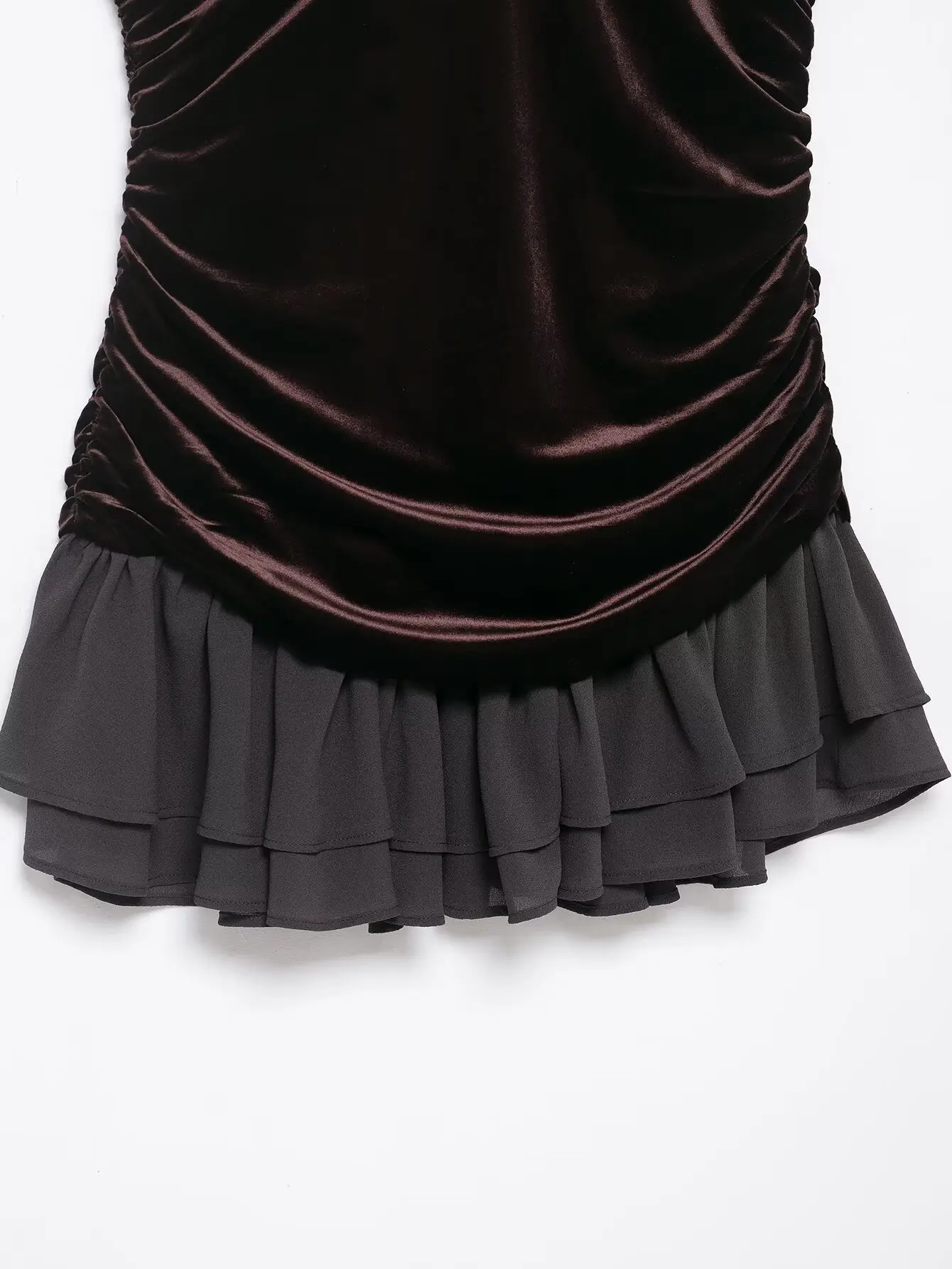 Moda feminina veludo emenda em camadas decoração vestido curto feminino sexy zíper fino plissado a linha sem mangas mini vestido