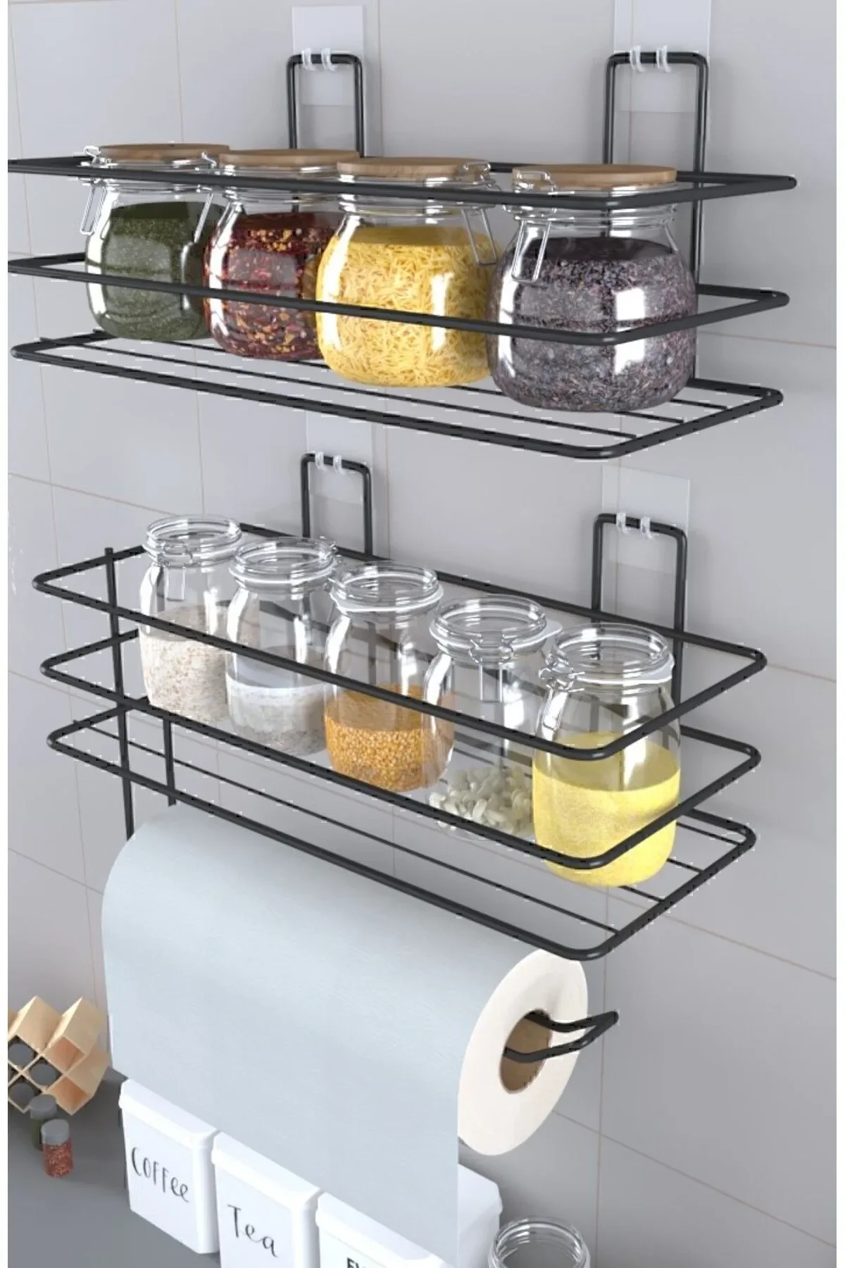 

Adhesive Spice Rack 2 Pcs Metal Paper Towel Holder Black Spice Stand Kitchen Shelf