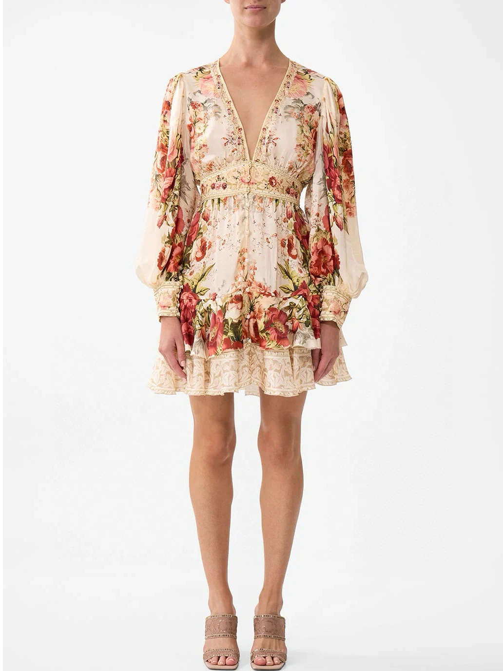 100% Real Silk Chic Beige Floral Print Mini Dress Women V-Neck Puff Sleeve Ruffle Hem Boho Dress