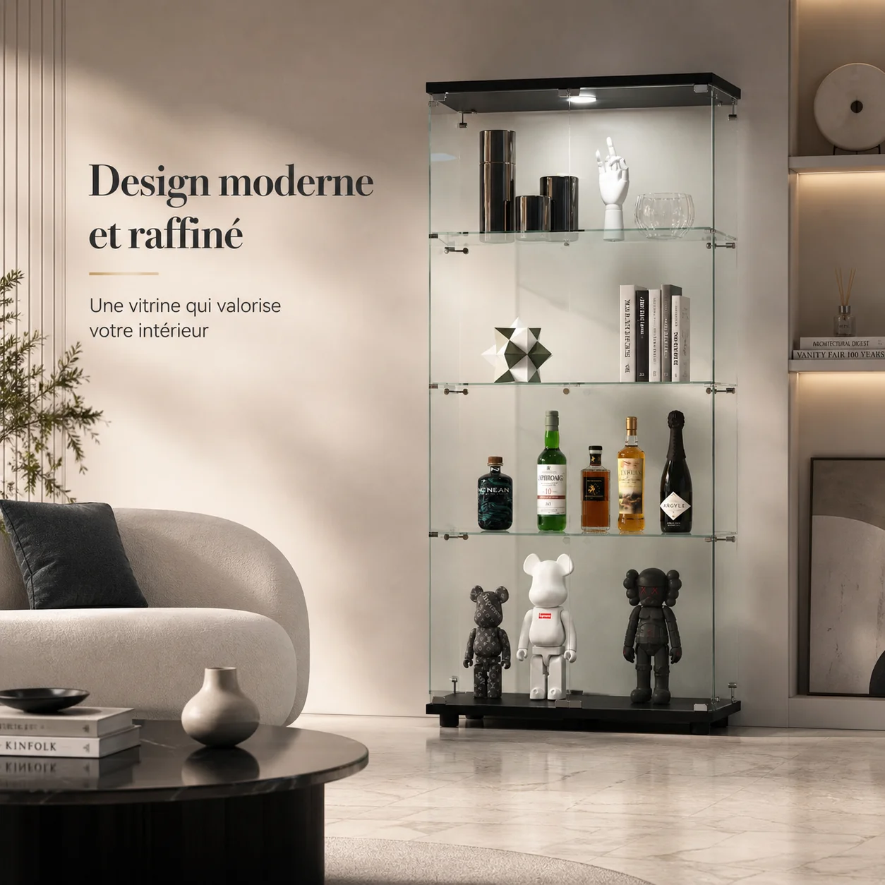 Vitrina de Vidrio Templado con LED, Armario Vitrina con Cerradura, Vitrina de Exhibición 42,5 x 36,5 x 164 cm / 80,5 x 36,5 x 163,9 cm, Mueble Vitrina con 4 Estantes, Blanco/Negro, para Salón, Oficina, Figuras, Libros