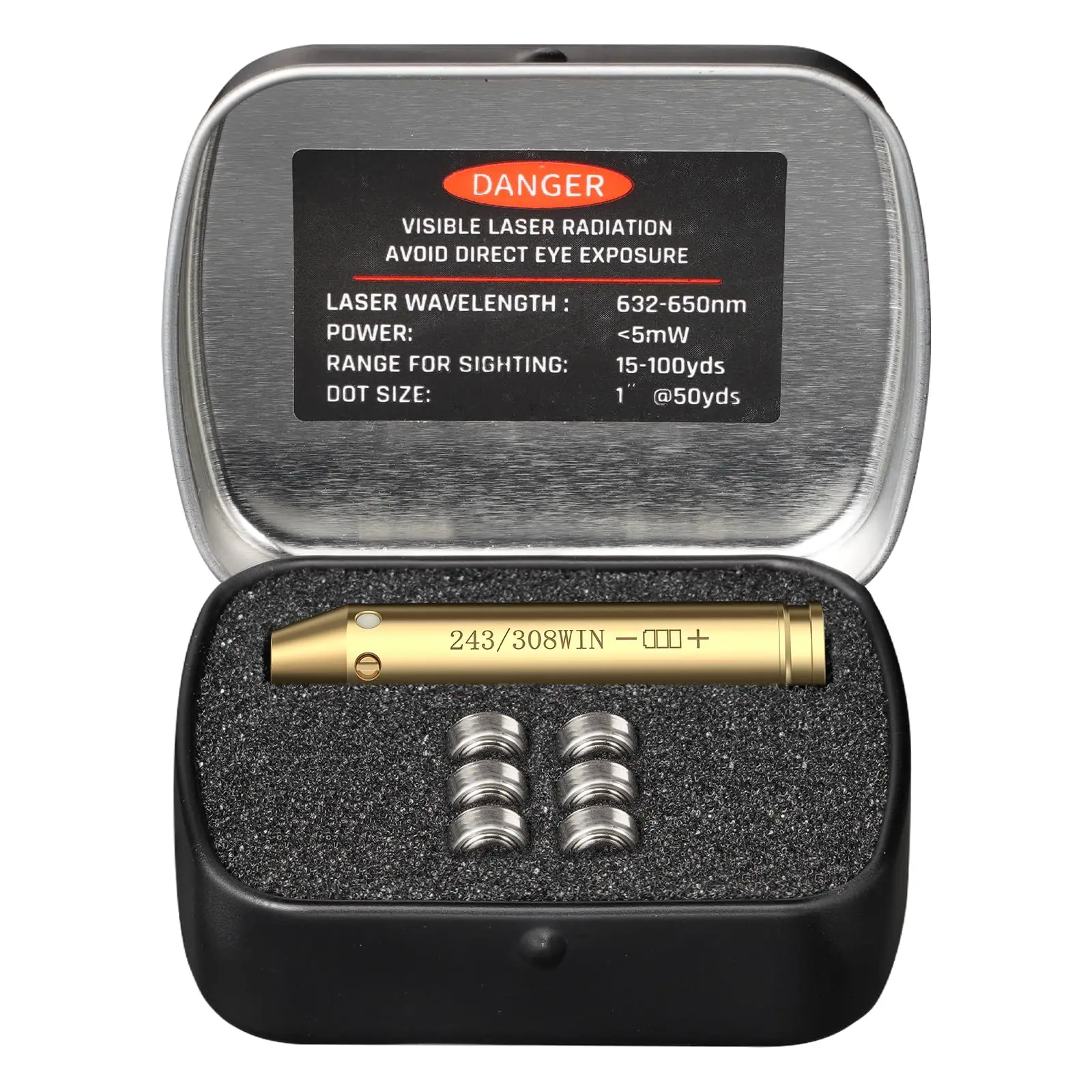

Bore Sight Laser 243 308WIN Red Laser Boresighter with Portable Tin Case and Extra Batteries