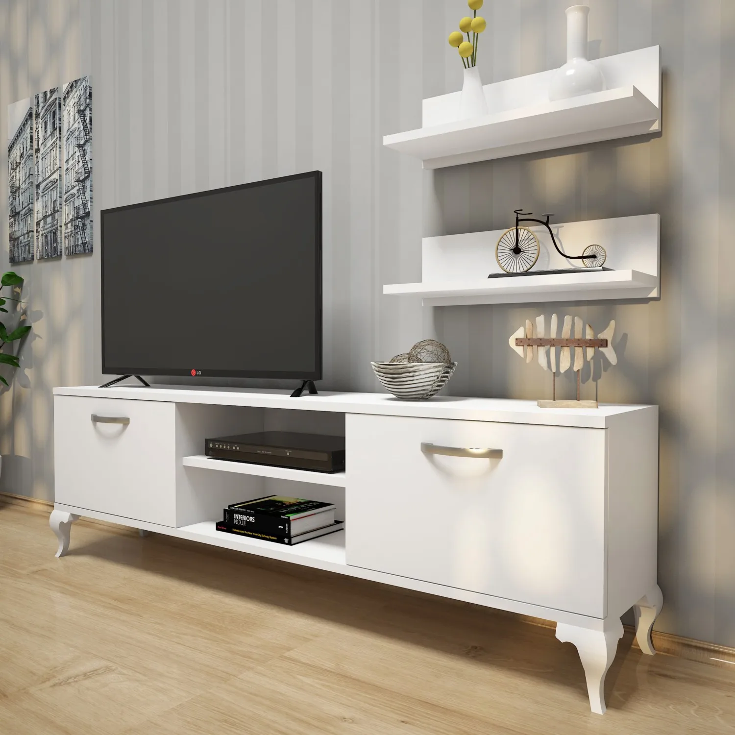 Wall Shelf TV Stand TV Unit with Bookcase Modern Leg Design 150 cm White